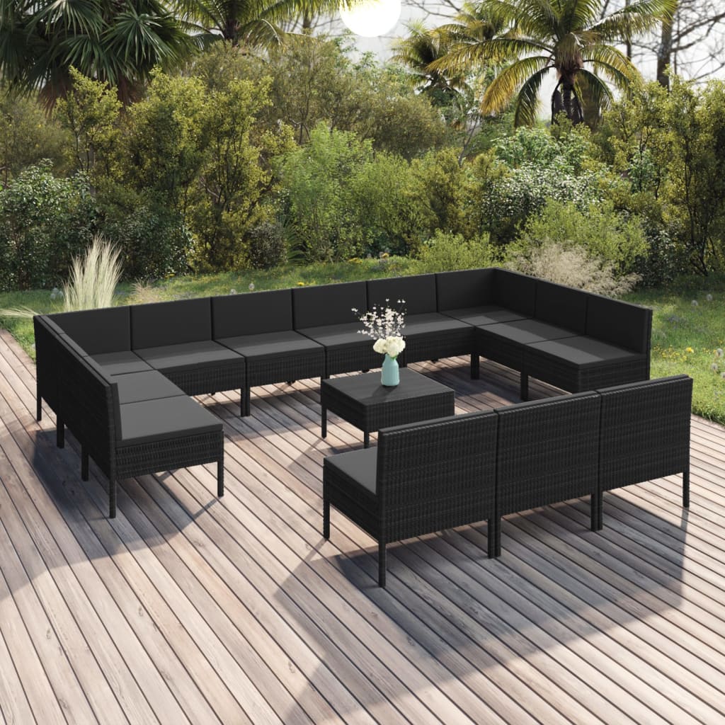 Set mobilier de grădină cu perne, 14 piese, negru, poliratan