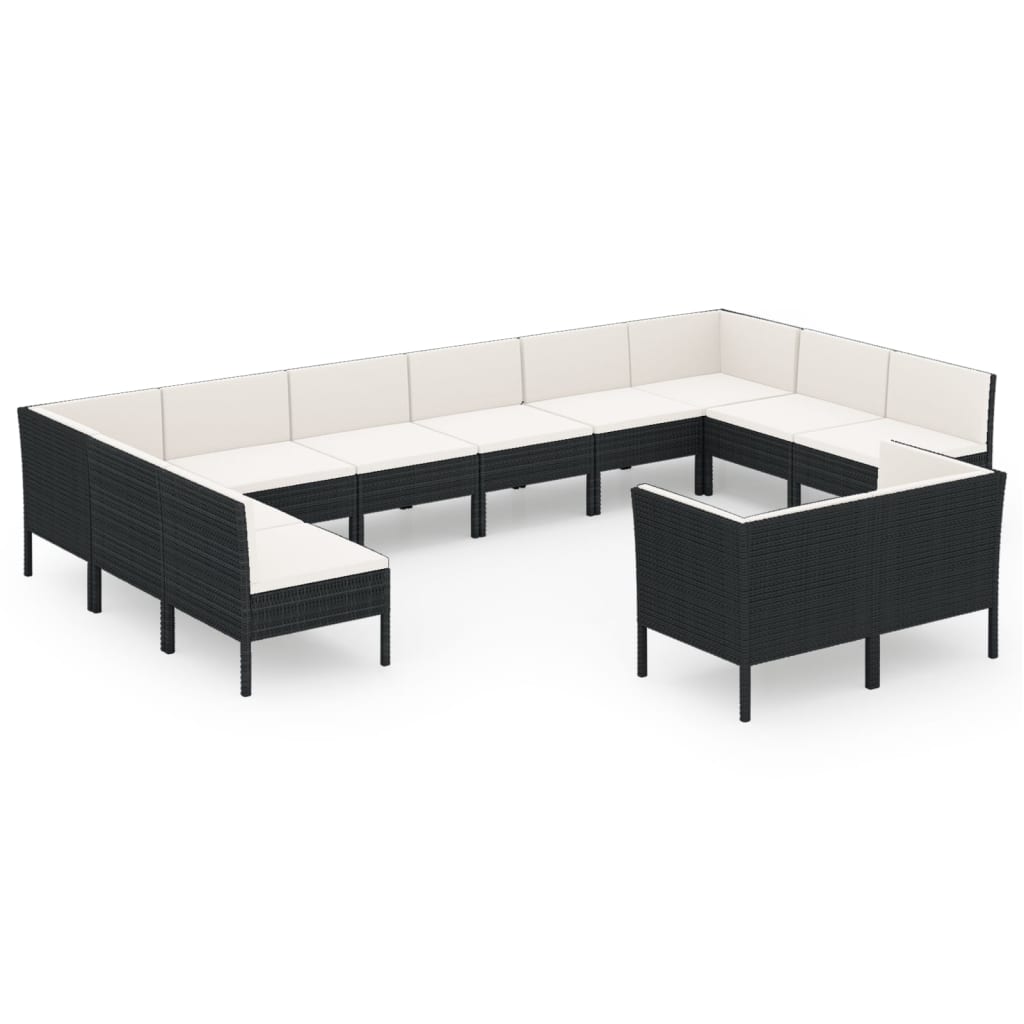 Set mobilier de grădină cu perne, 12 piese, negru, poliratan