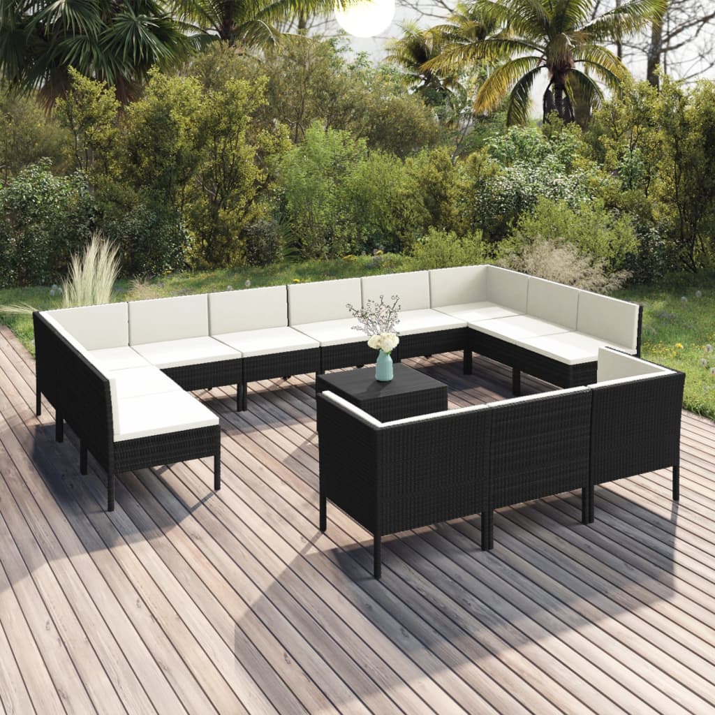 Set mobilier de grădină cu perne, 14 piese, negru, poliratan