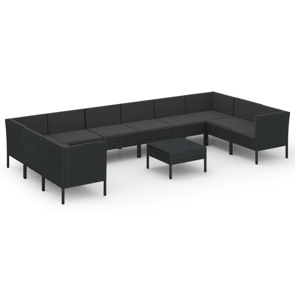 Set mobilier de grădină cu perne, 11 piese, negru, poliratan