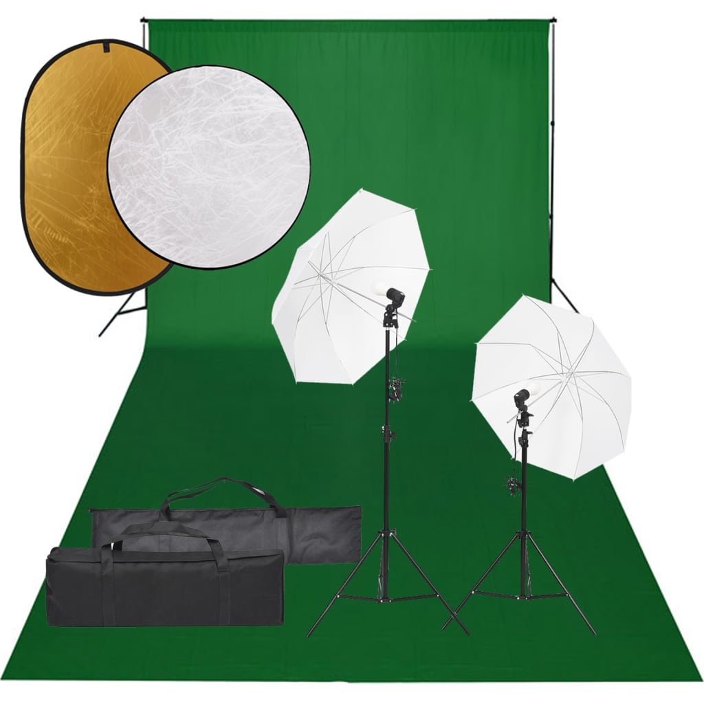 Set studio foto cu set de lumini, fundal și reflector