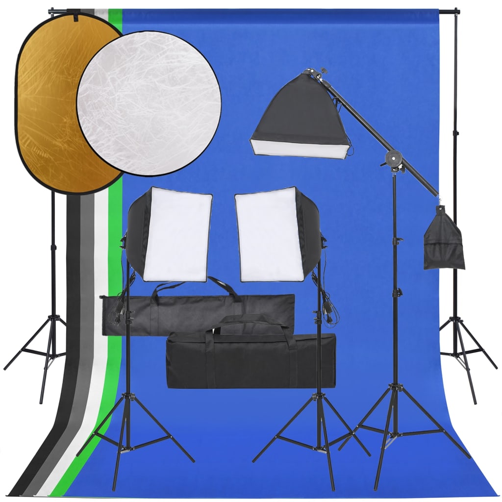 Set studio foto cu set de lumini, fundal și reflector