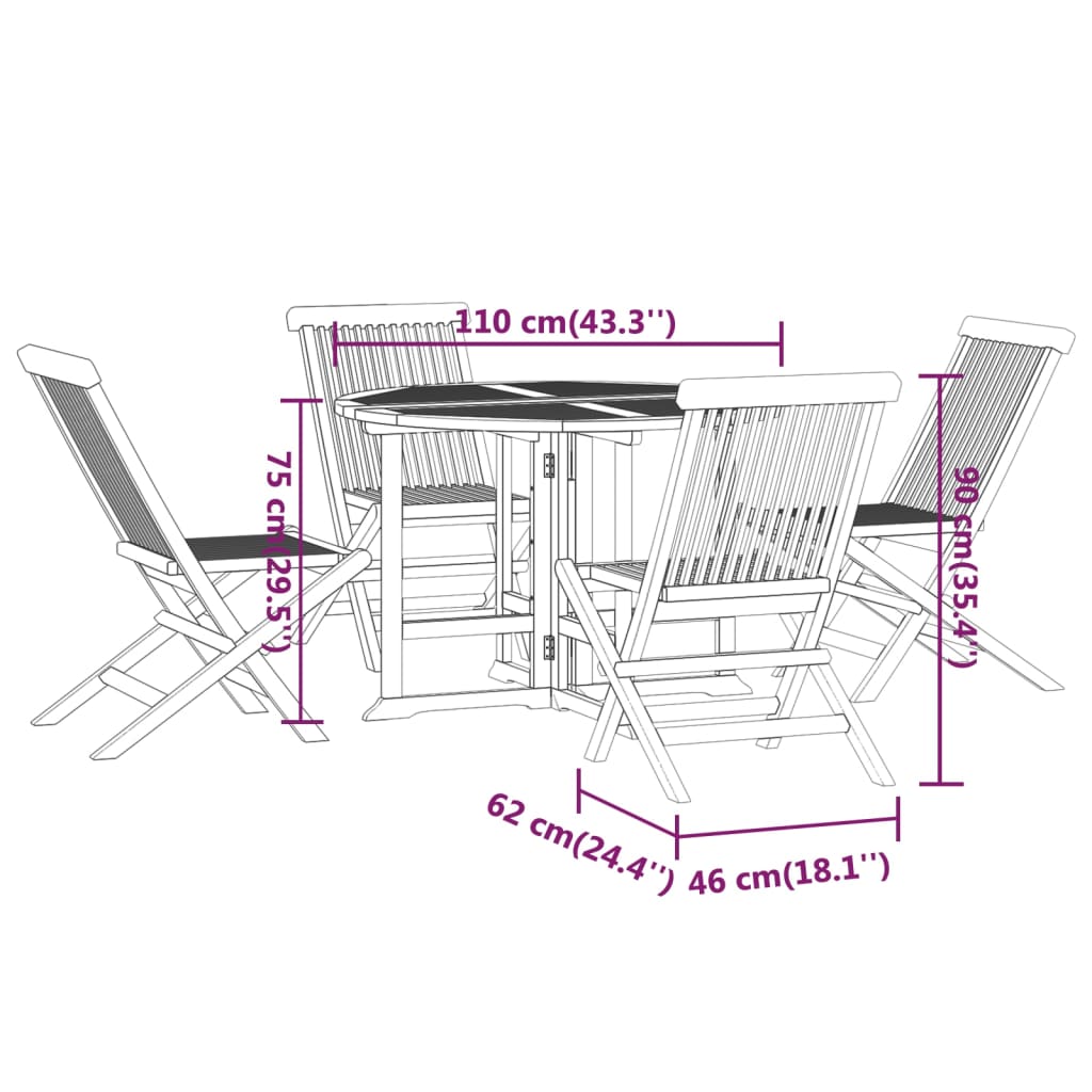 Set de mobilier de exterior pliabil, 5 piese, lemn masiv de tec