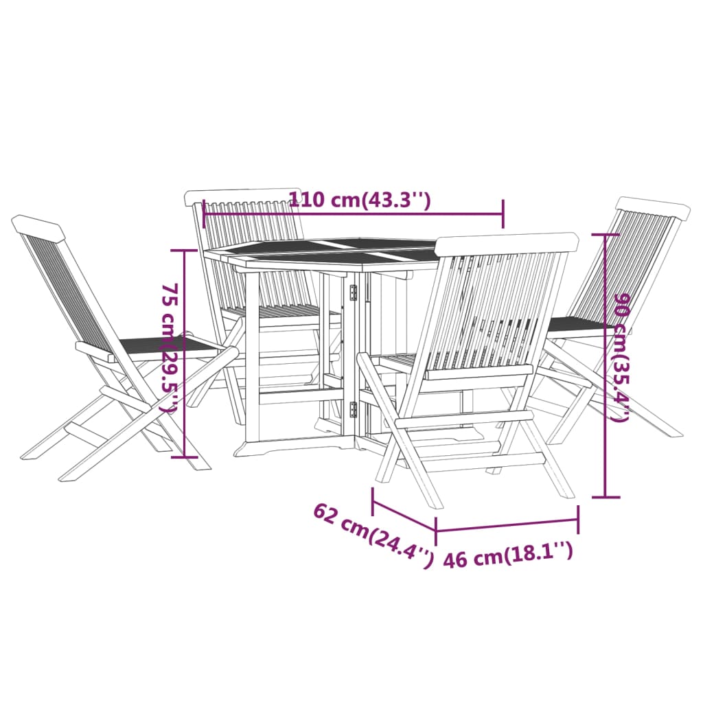 Set mobilier de exterior pliabil, 5 piese, lemn masiv de tec