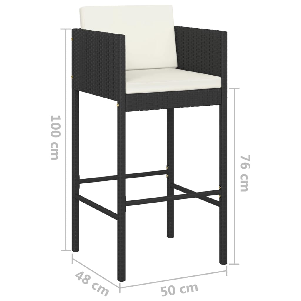 Set mobilier bar de grădină cu perne, 3 piese, negru, poliratan