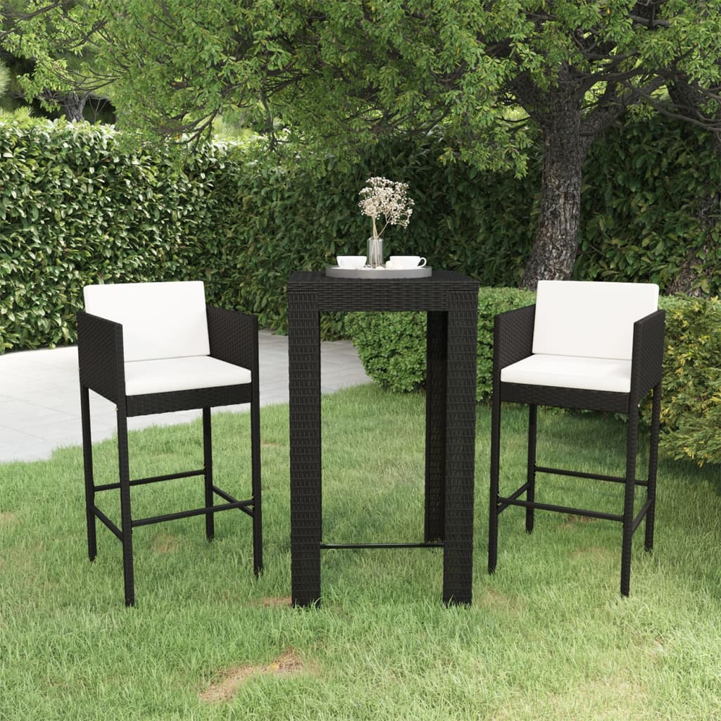 Set mobilier bar de grădină cu perne, 3 piese, negru, poliratan