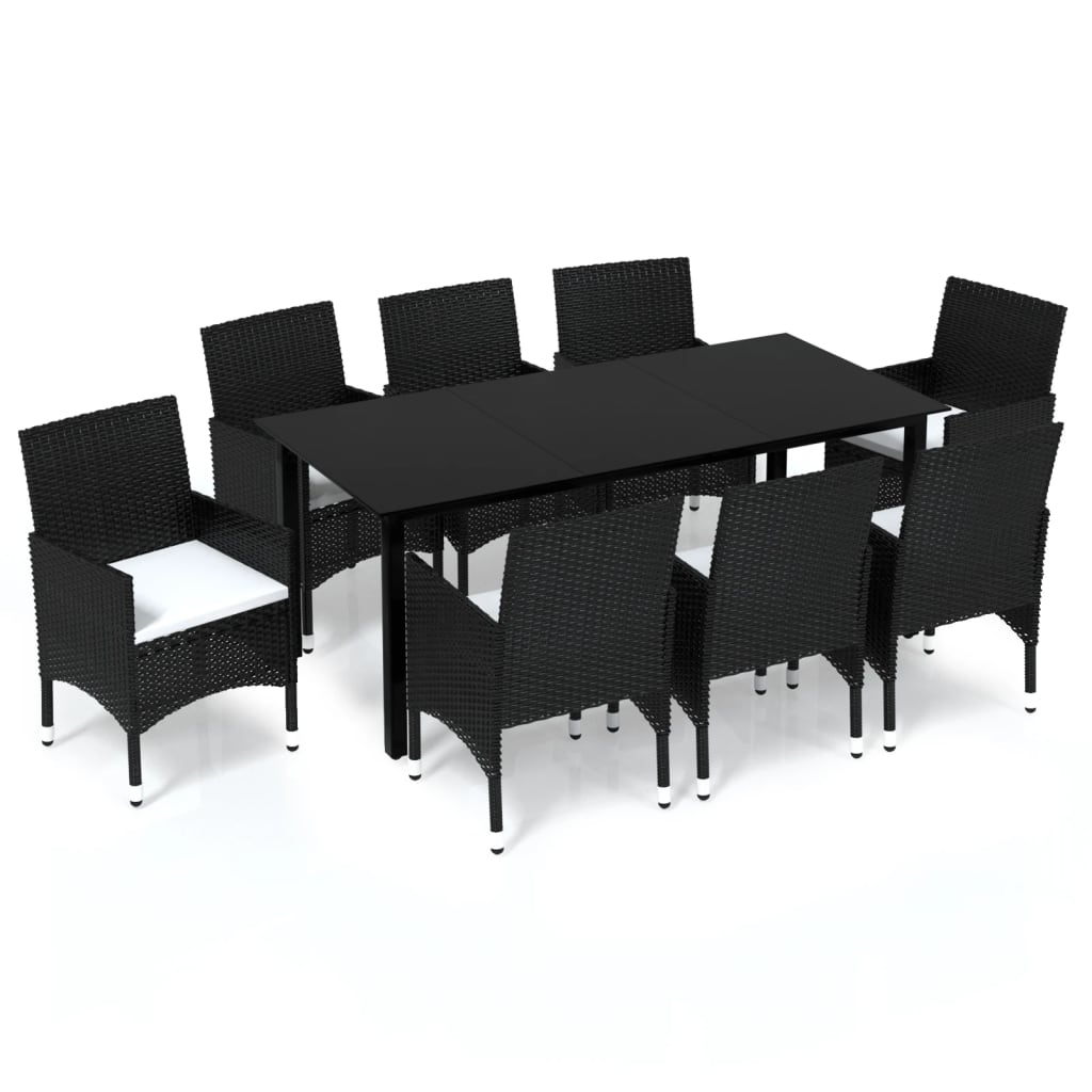 Set mobilier de grădină cu perne, 9 piese, negru, poliratan