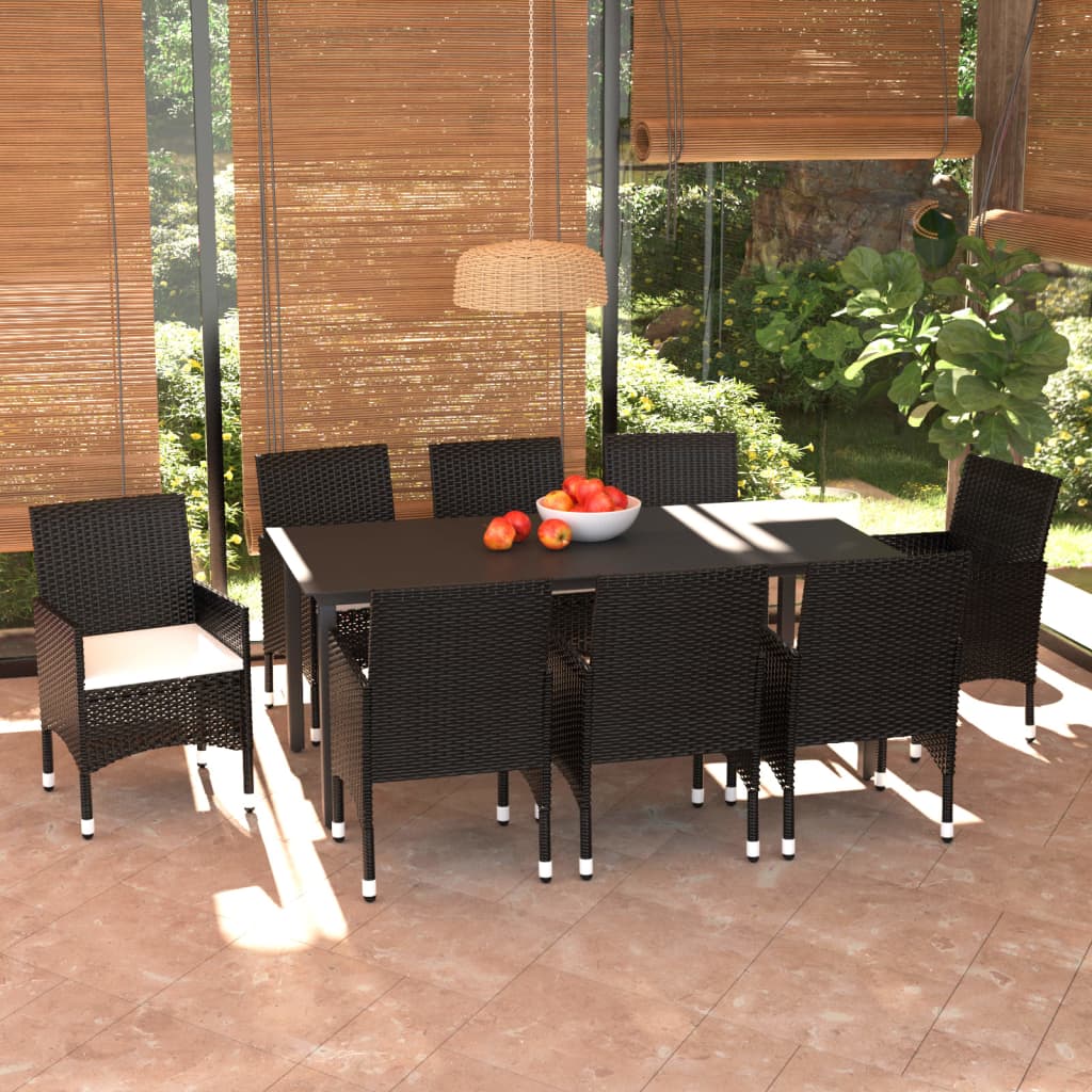 Set mobilier de grădină cu perne, 9 piese, negru, poliratan