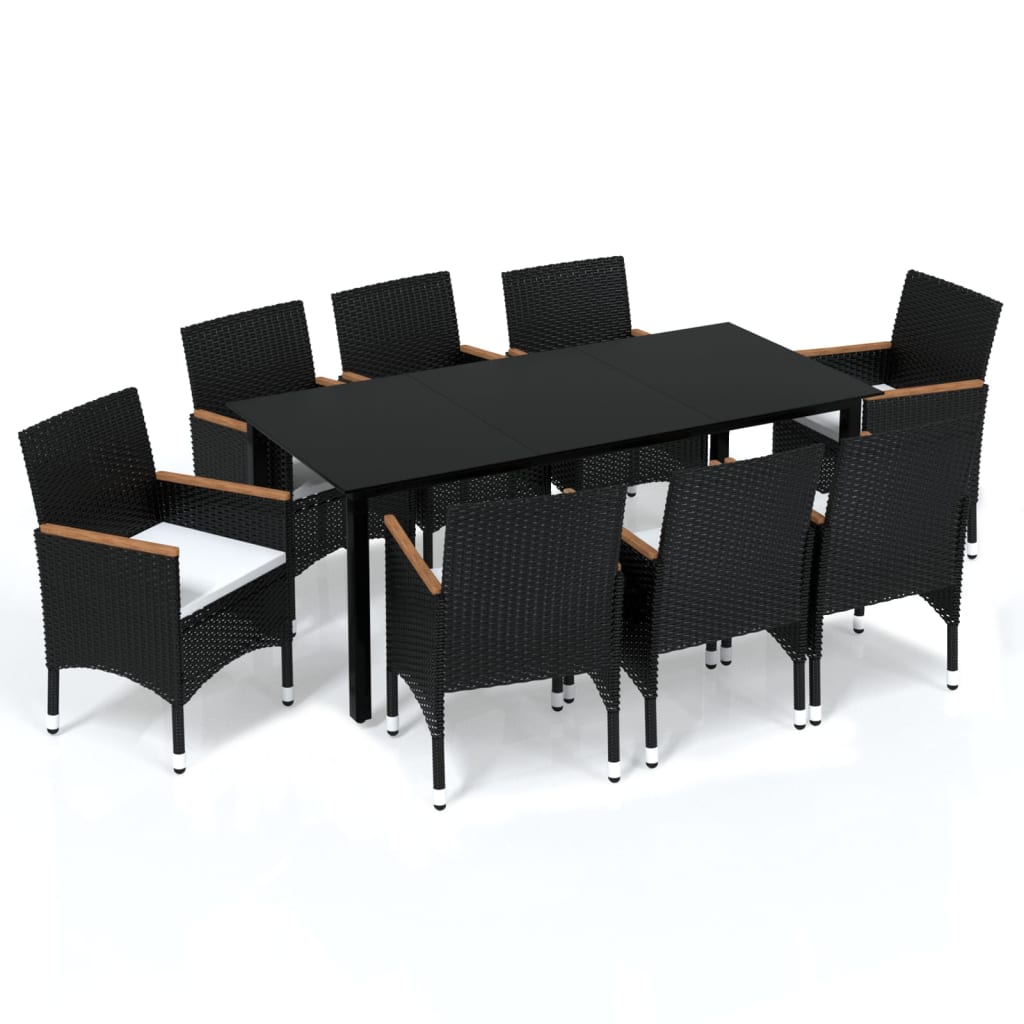 Set mobilier de grădină cu perne, 9 piese, negru, poliratan