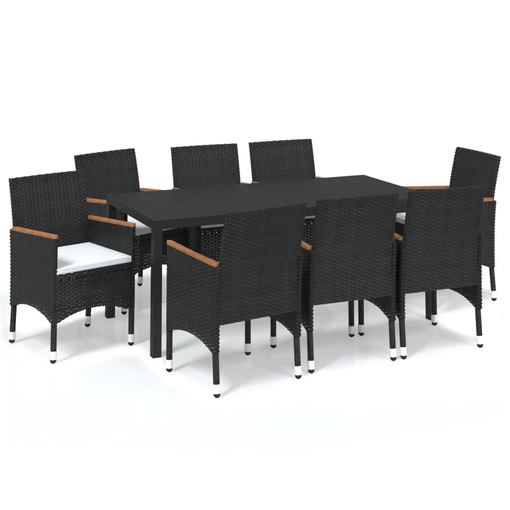 Set mobilier de grădină cu perne, 9 piese, negru, poliratan