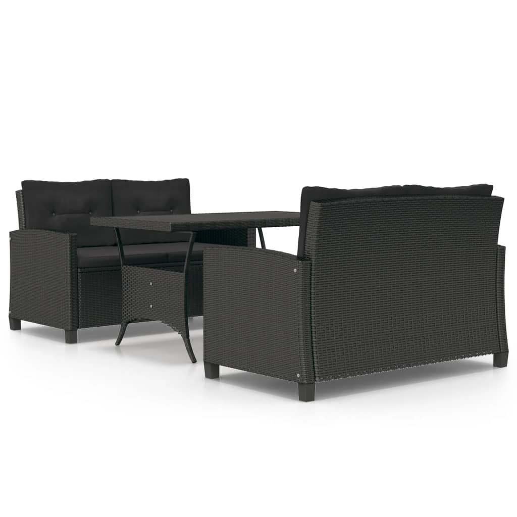 Set mobilier de grădină, 3 piese, perne negre, poliratan