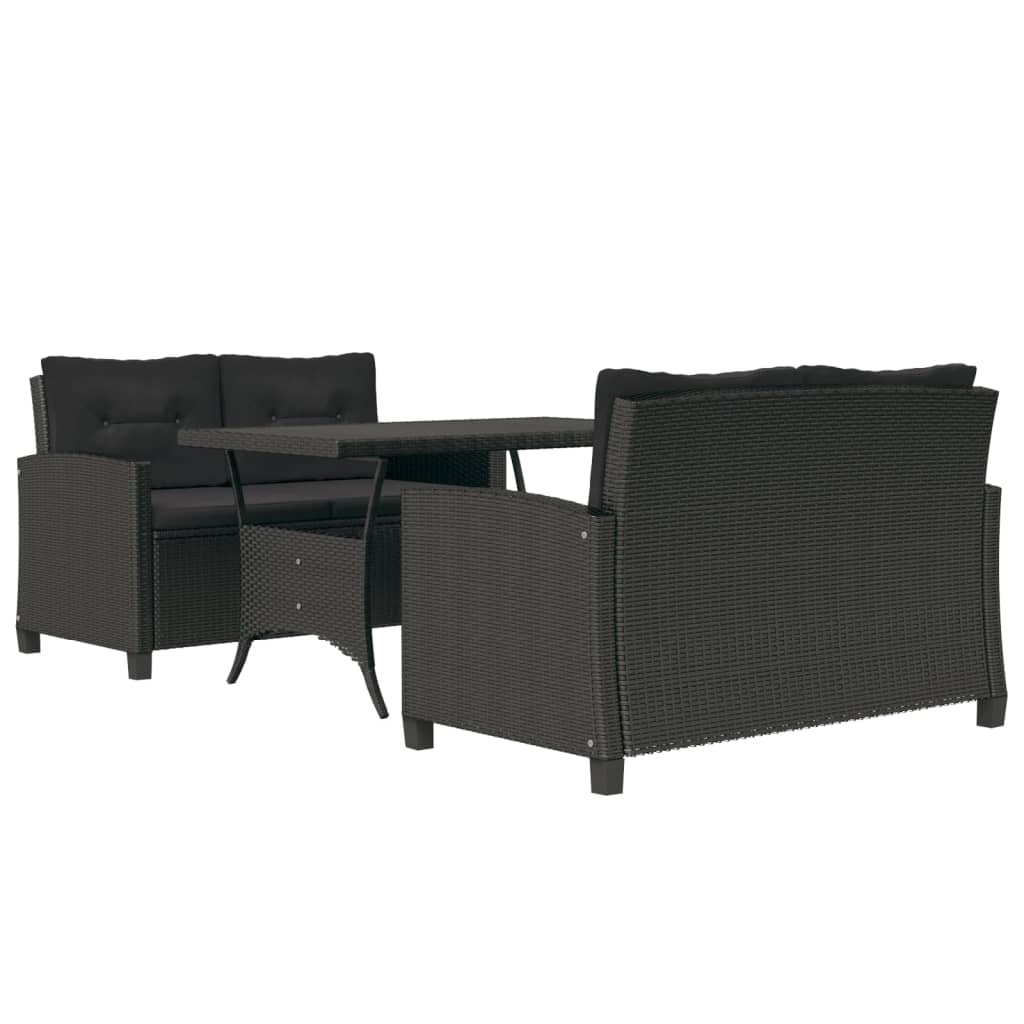 Set mobilier de grădină, 3 piese, perne negre, poliratan