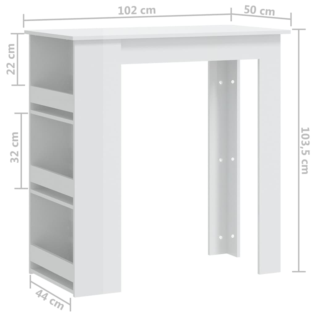 Masă de bar cu raft depozitare alb extralucios 102x50x103,5 cm