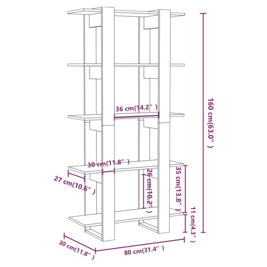 Bibliotecă/Separator cameră, gri beton, 80x30x160 cm, PAL