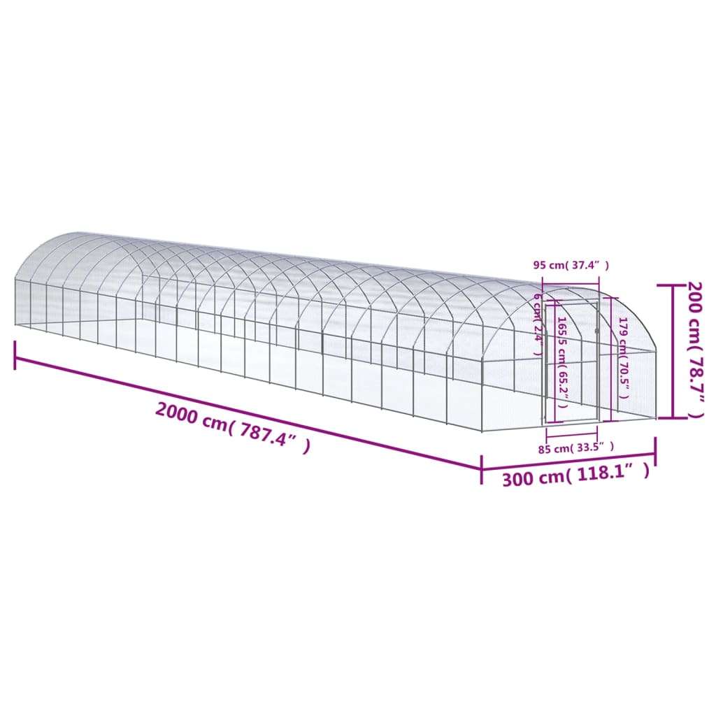 Coteț de găini pentru exterior, 3x20x2 m, oțel zincat