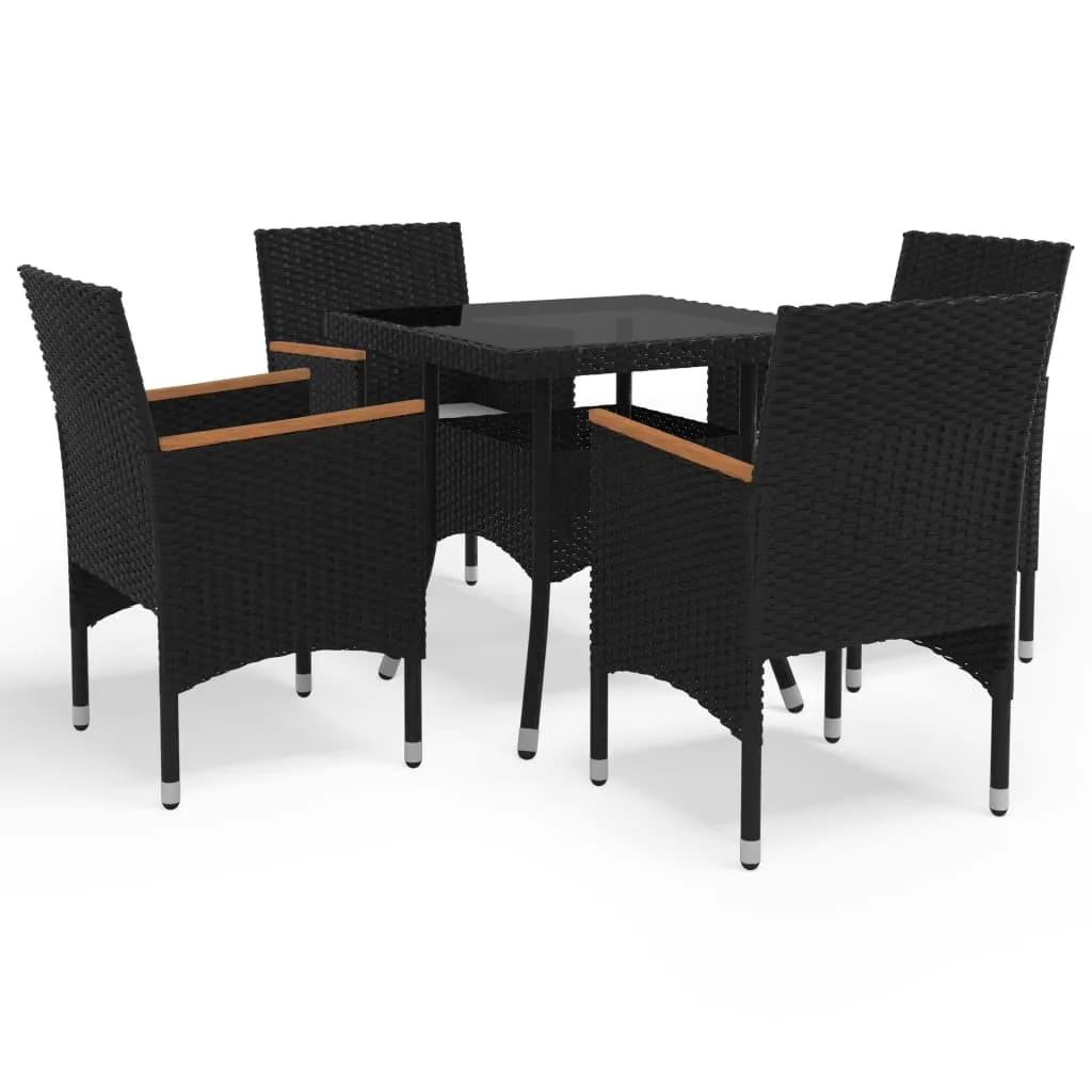 Set mobilier grădină, 5 piese, negru, poliratan/sticlă tratată