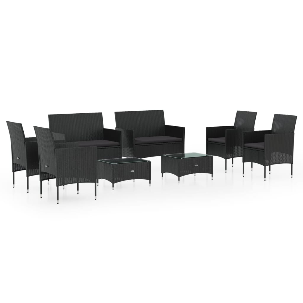 Set mobilier de grădină cu perne, 8 piese, negru, poliratan