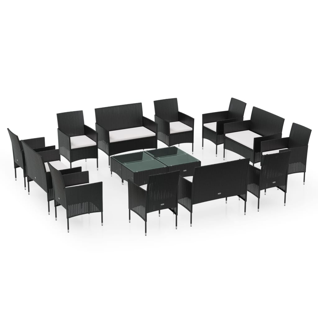 Set mobilier de grădină cu perne, 16 piese, negru, poliratan