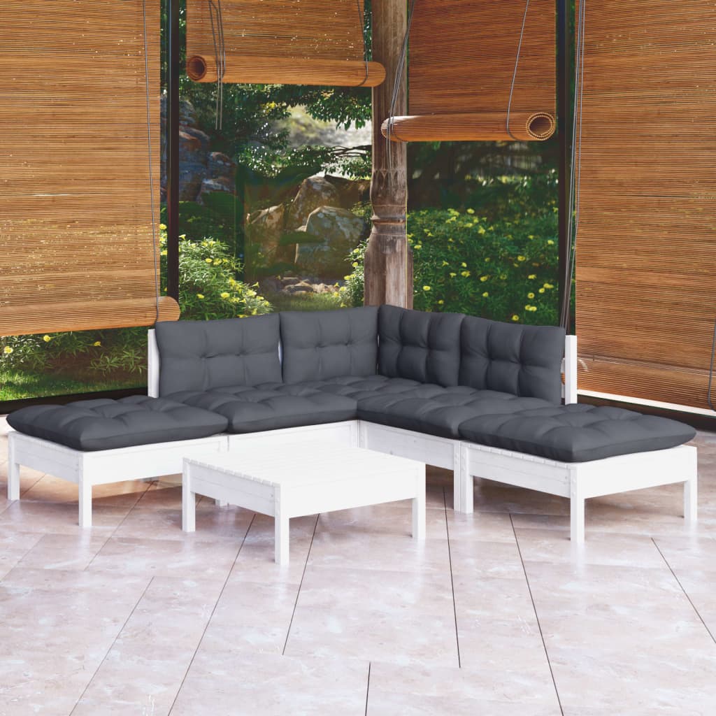 Set mobilier de grădină cu perne, 6 piese, alb, lemn de pin - Lando