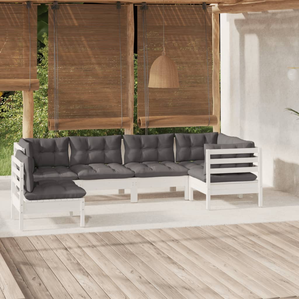 Set mobilier de grădină cu perne, 6 piese, alb, lemn de pin - Lando