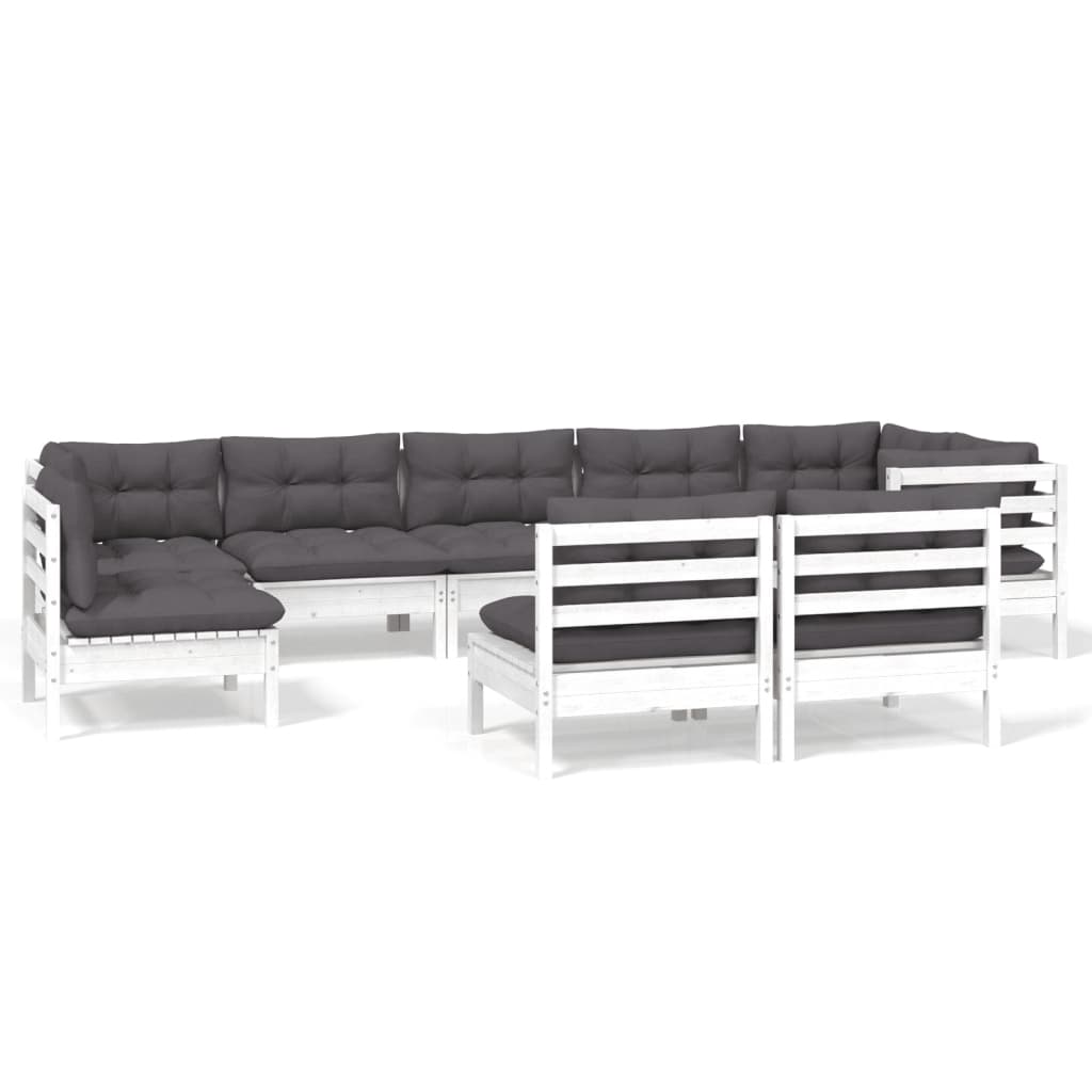 Set mobilier de grădină cu perne, 9 piese, alb, lemn masiv pin