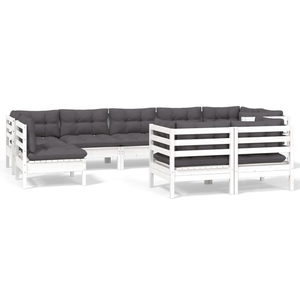 Set mobilier de grădină cu perne, 9 piese, alb, lemn masiv pin