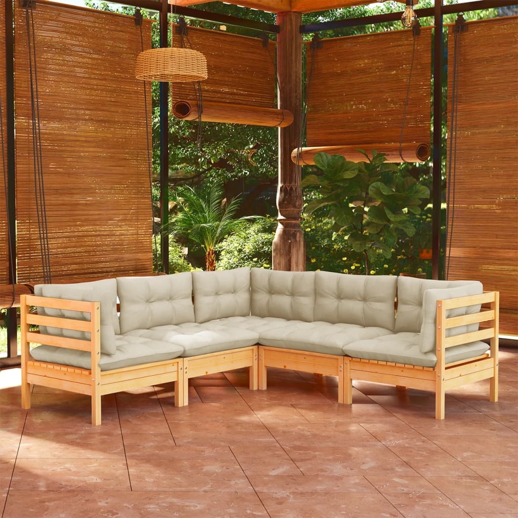 Set mobilier grădină cu perne crem, 5 piese, lemn masiv pin - Lando