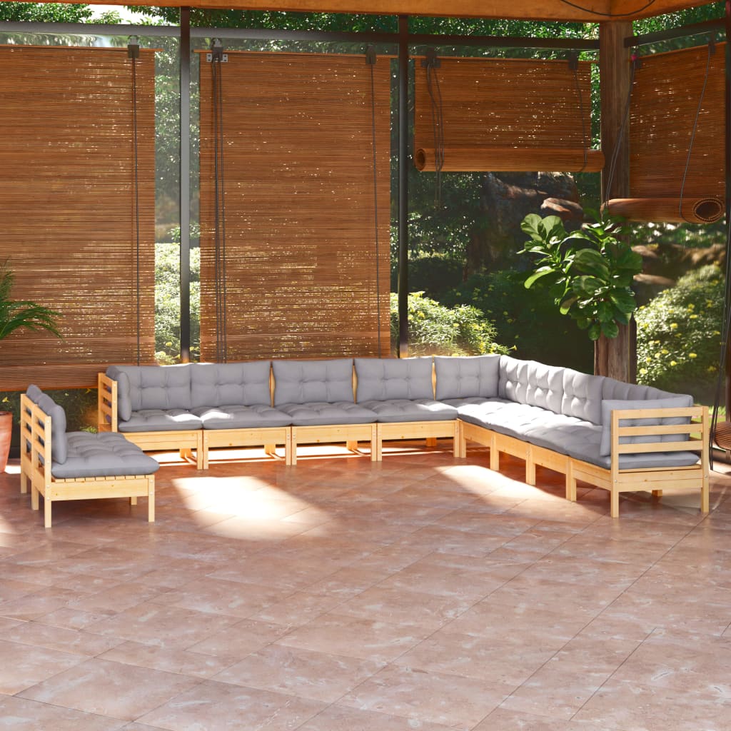 Set mobilier grădină cu perne, 11 piese, gri, lemn masiv pin - Lando