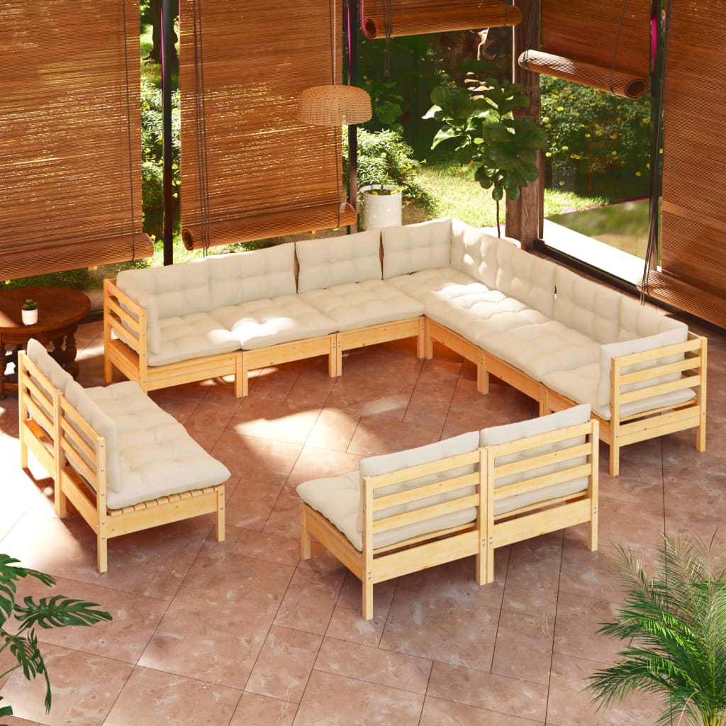Set mobilier grădină cu perne crem, 11 piese, lemn masiv de pin - Lando
