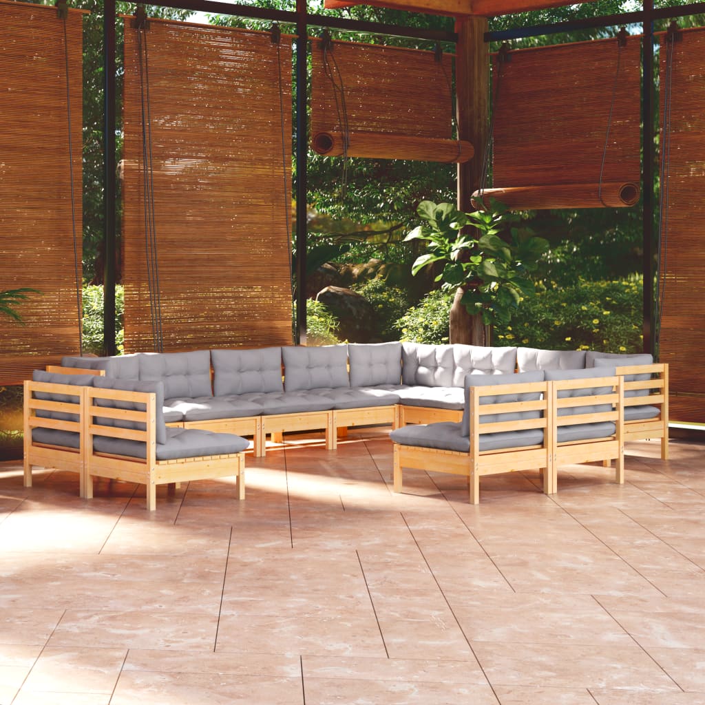 Set mobilier grădină cu perne, 12 piese, gri, lemn masiv pin - Lando