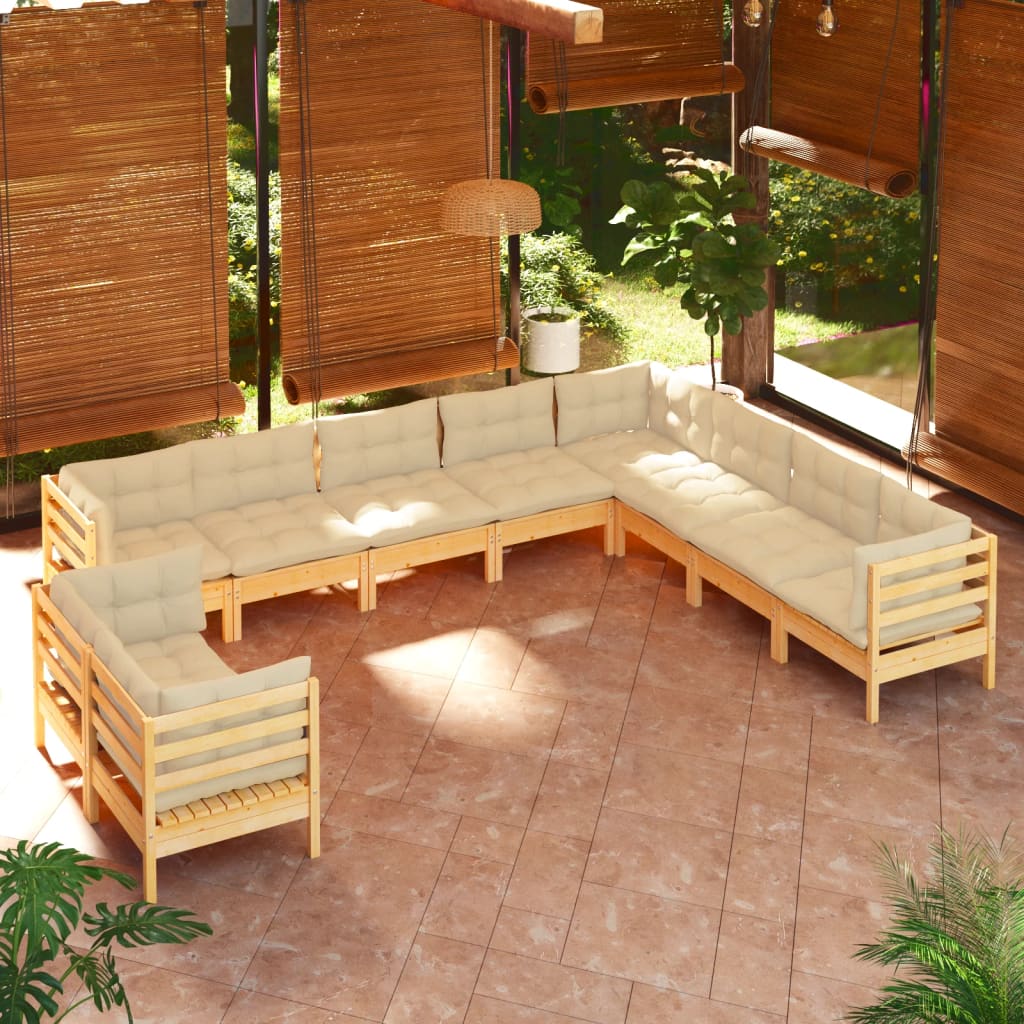 Set mobilier grădină cu perne crem, 10 piese, lemn masiv de pin - Lando