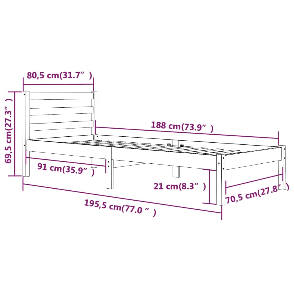 Cadru de pat mic single, negru, 75x190 cm, lemn masiv de pin