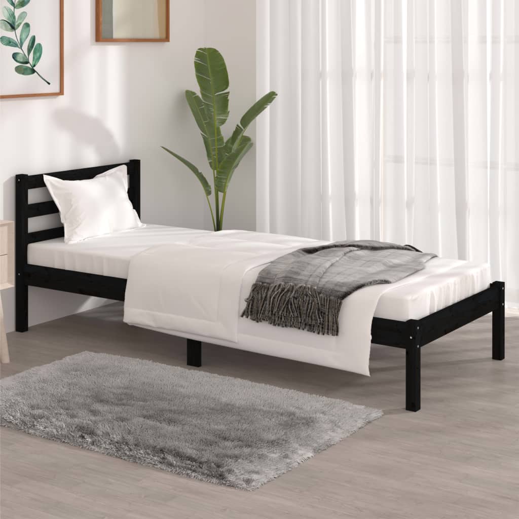 Cadru de pat mic single, negru, 75x190 cm, lemn masiv de pin