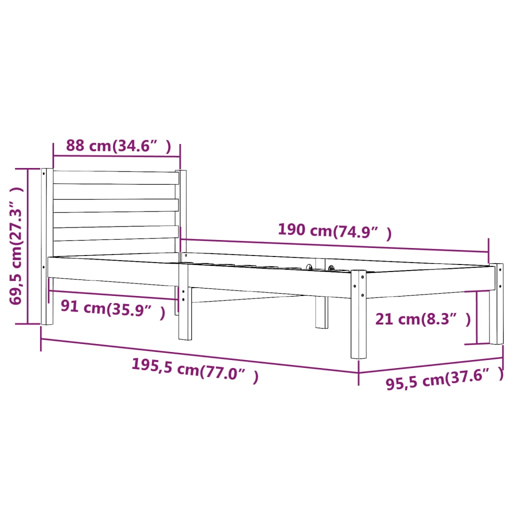 Cadru de pat single, 90x190 cm, lemn masiv de pin