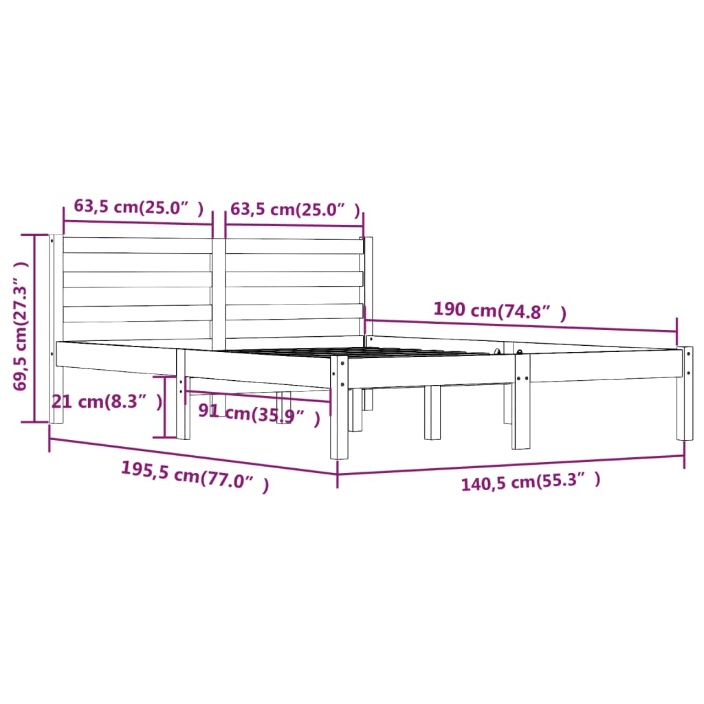 Cadru de pat dublu 4FT6, alb, 135x190 cm, lemn masiv de pin