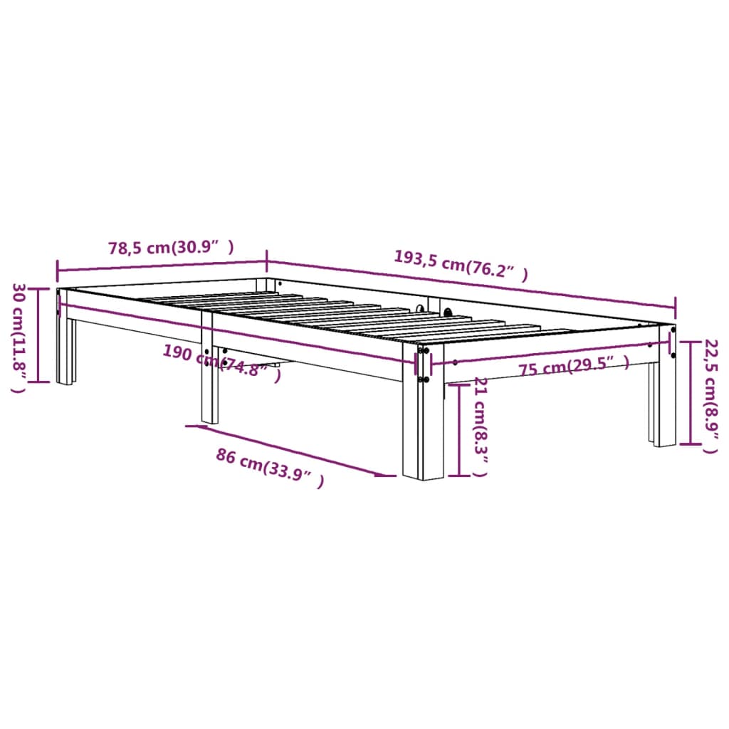 Cadru de pat mic single, 75x190 cm, lemn masiv