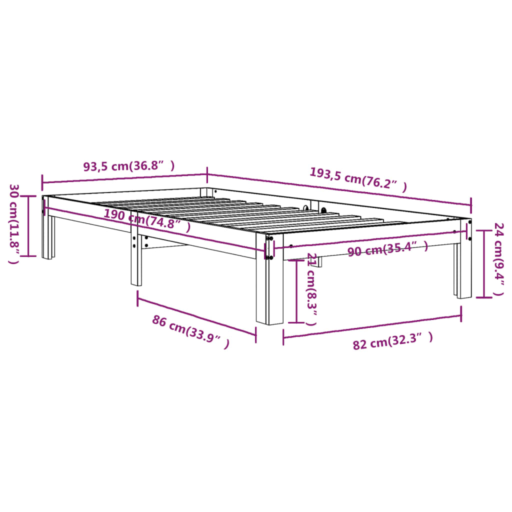 Cadru de pat single, alb, 90x190 cm, lemn masiv