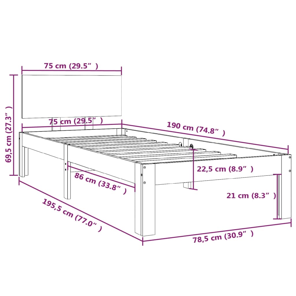 Cadru de pat mic single, negru, 75x190 cm, lemn masiv