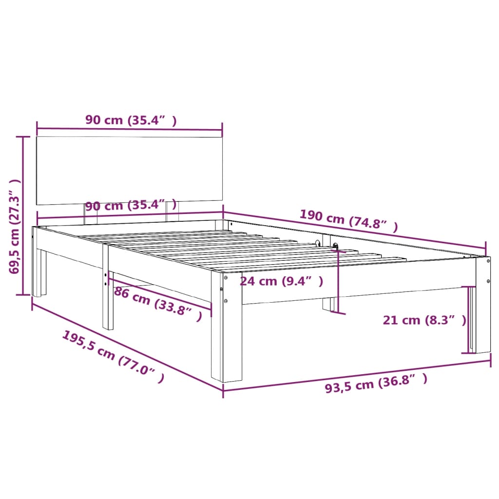 Cadru de pat single, alb, 90x190 cm, lemn masiv