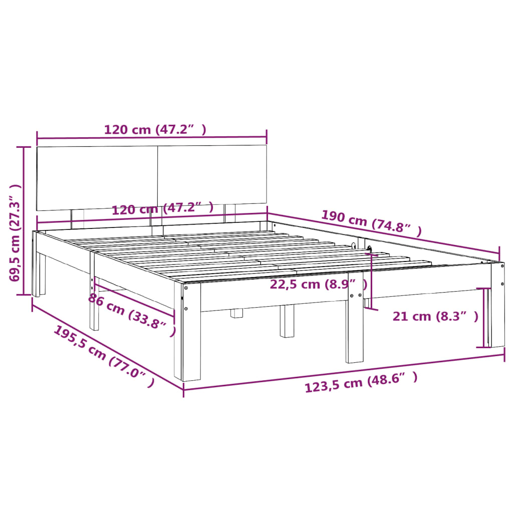 Cadru de pat mic dublu, alb, 120x190 cm, lemn masiv