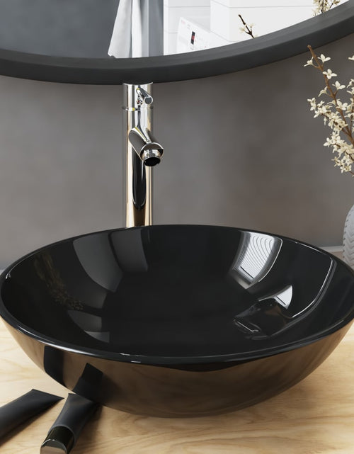 Загрузите изображение в средство просмотра галереи, Chiuvetă baie robinet și scurgere tip push, negru sticlă călită
