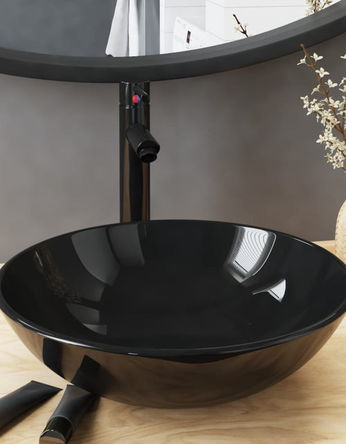 Încărcați imaginea în vizualizatorul Galerie, Chiuvetă baie robinet și scurgere tip push, negru sticlă călită
