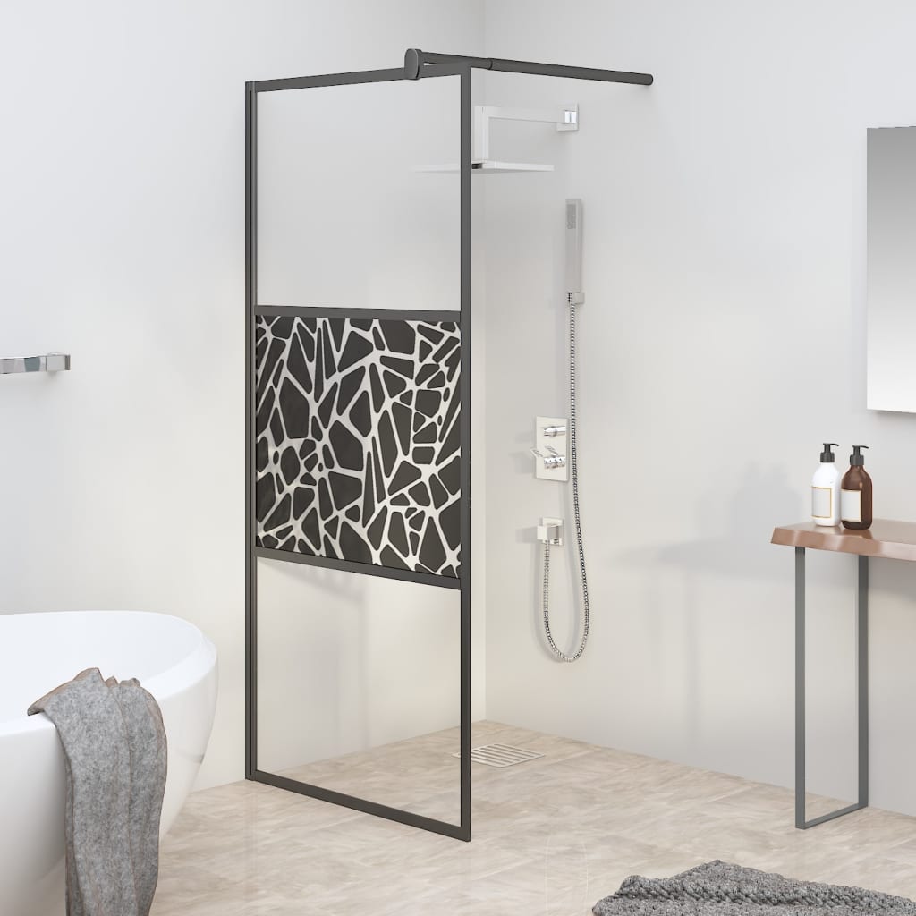 Paravan de duș walk-in negru 90x195 cm sticlă ESG model piatră