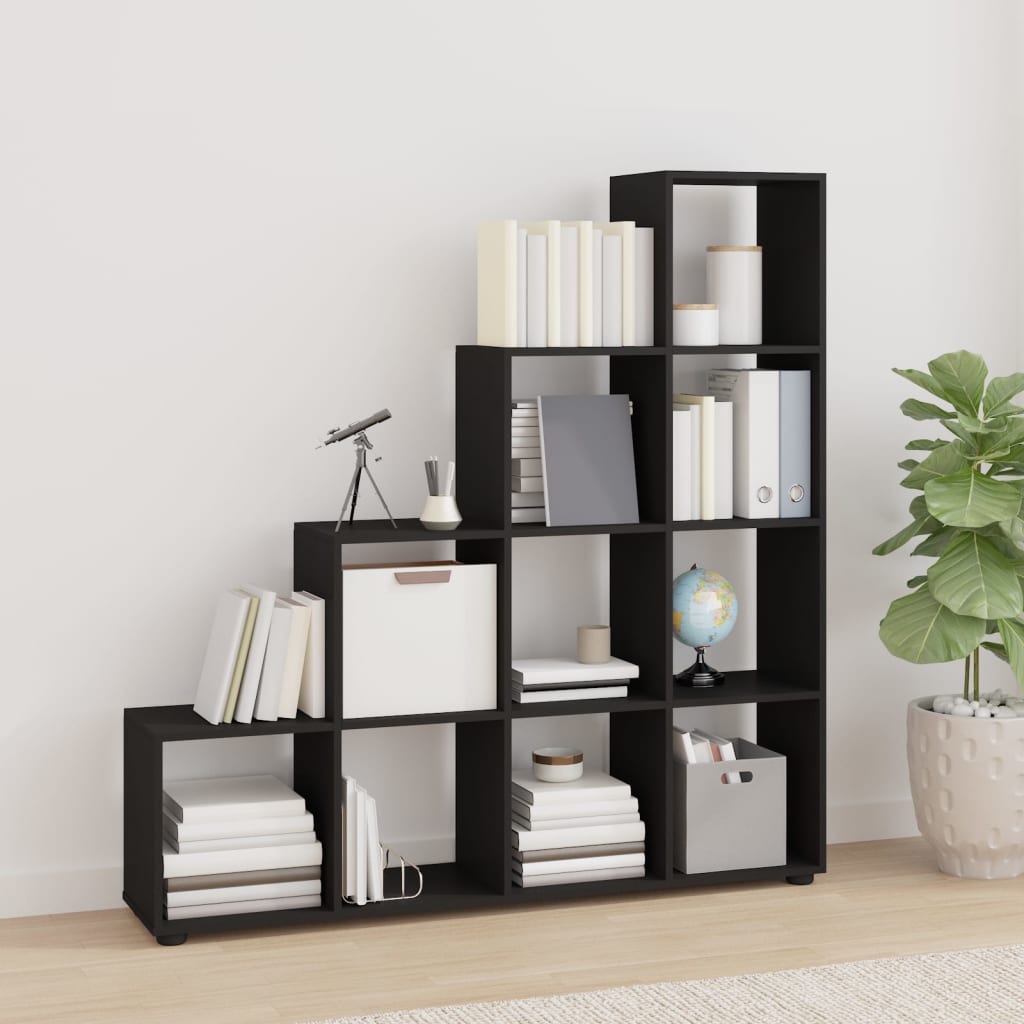 Bibliotecă în trepte, negru, 142 cm, lemn compozit