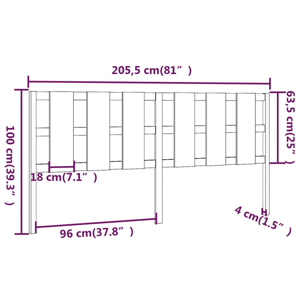 Tăblie de pat, gri, 205,5x4x100 cm, lemn masiv de pin