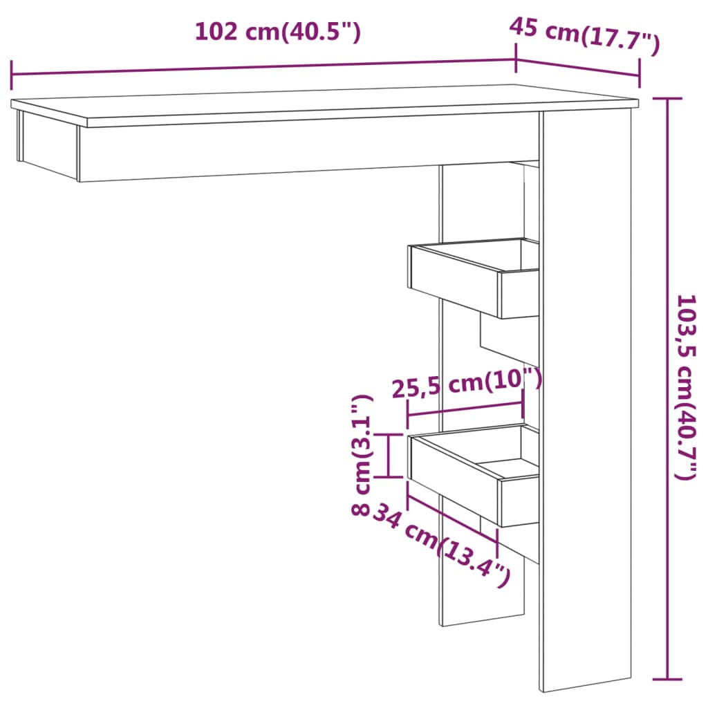 Masă bar de perete, alb, 102x45x103,5 cm, lemn compozit