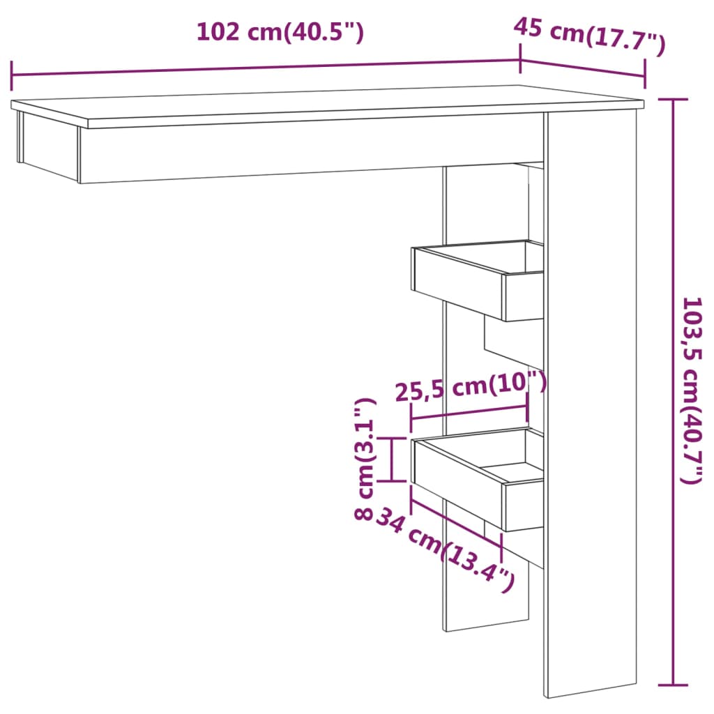 Masă bar de perete alb extralucios 102x45x103,5cm lemn compozit