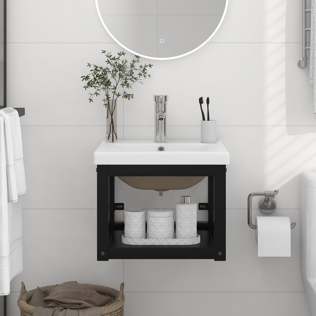 Cadru lavoar baie cu chiuvetă încorporată, negru, fier