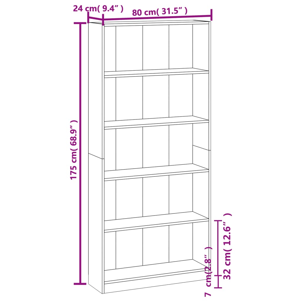 Bibliotecă 5 niveluri stejar maro 80x24x175 cm lemn compozit