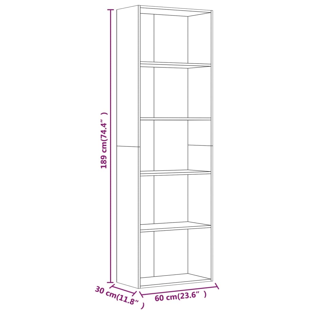 Bibliotecă 5 niveluri stejar fumuriu 60x30x189 cm lemn compozit